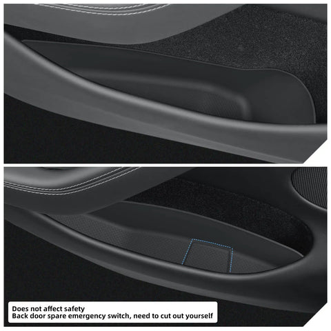 Close-up of 4 Piece Door Side Storage Organizer Set for Tesla Model Y Juniper 2025 2026, shows black TPE material in door pocket.