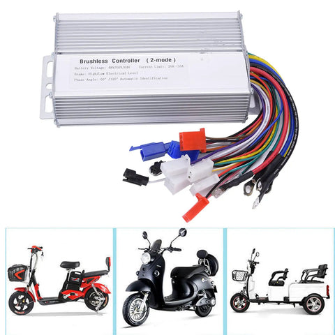 Beefy Aluminum 48V 60V 64V Brushless Motor Speed Controller 1000W 1500W 30 Amp with colorful connectors for electric scooters and ATVs.