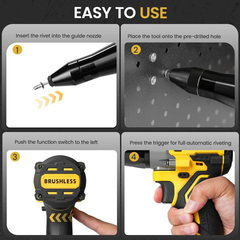 Steps for using Heavy Duty Cordless Rivet Gun Compatible With Dewalt 20V And 60V Max Battery System Tool Only Featuring Brushless Motor.