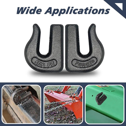 8 Pack 5/16 Inch G70 Weld On Grab Chain Hooks For Chains And Tractor Buckets, Heavy Duty Weld-On Hooks Set, 4700 Lb Working Load Limit, Forged Steel Construction, 2.5 In Long By 1.95 In Wide, shown on tractor bucket and chain