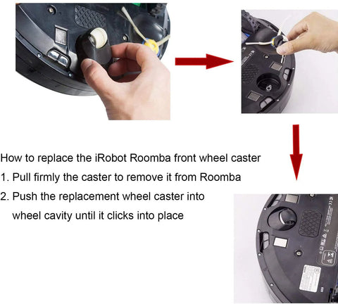 Instructions for replacing the Replacement Front Wheel Caster Assembly For Roomba Vacuum Cleaner 500 600 700 800 900 Series.
