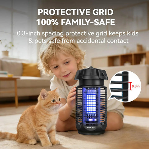 Child and cat near Outdoor And Indoor Bug Zapper With Replaceable 20W Bulb 4200V Mosquito And Fly Killer For Half Acre Coverage IPX4 Waterproof
