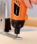 EnerTwist cordless drill in orange and black; close-up with drill bit in chuck drilling a metal bracket.