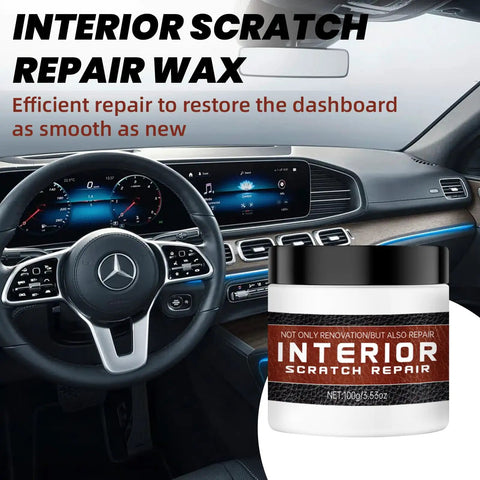 Jar of Interior Car Scratch Repair Wax For Dashboard And Plastic Trim 100g with car dashboard interior in background