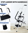 Ultra Handy 3 Step Folding Ladder With Handrails Wide Anti Slip Pedals Steel Portable Stool For Home Garage Office Library Space Saving Easy Open Fold Up Lightweight And Durable, 3-step steel ladder
