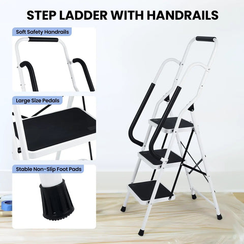 Ultra Handy 3 Step Folding Ladder With Handrails Wide Anti Slip Pedals Steel Portable Stool For Home Garage Office Library Space Saving Easy Open Fold Up Lightweight And Durable, 3-step steel ladder