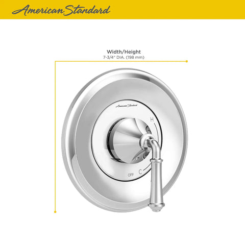 Delancey Valve Trim Kit with Double Ceramic Pressure Balance Cartridge, polished chrome, shown with handle and measurement details