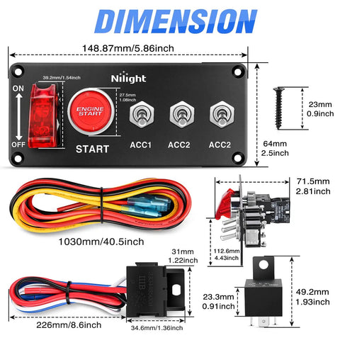 5 In 1 Rocker Switch Panel With Engine Start Button And Relay Harness, 12V LED Toggle Switches dimensions and components