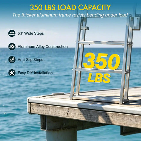 Flip Up Dock Ladder For Boats And Docks, 4 Steps, 350 Lbs Capacity, wide 5.1-inch aluminum steps on dock