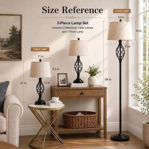 3 Piece Farmhouse Black Lamp Set With Oatmeal Fabric Shades Table Lamps And Floor Lamp, 3 Way Dimmable, ETL Listed in living room