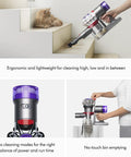 Beast Cordless Handheld Vacuum For Car And Boat Cleanups With 115 AW Suction lightweight design shown vacuuming stairs and emptying dustbin.