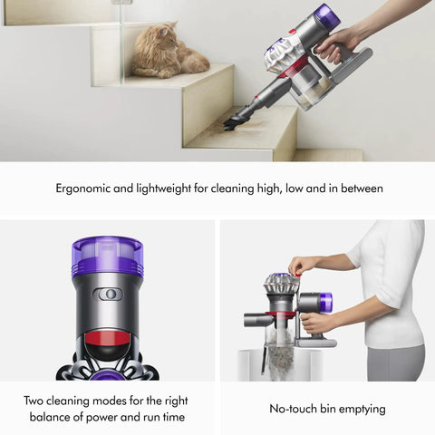 Beast Cordless Handheld Vacuum For Car And Boat Cleanups With 115 AW Suction lightweight design shown vacuuming stairs and emptying dustbin.