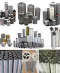 Assorted hydraulic filter elements including Single Hydraulic Filter Element R928035641 for Bosch Rexroth in industrial use.