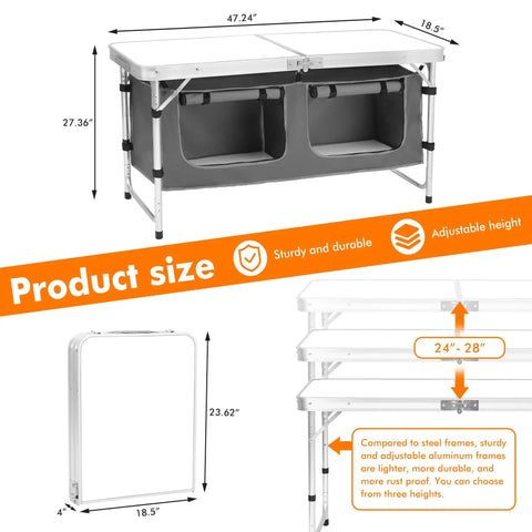 Go-To Aluminum Folding Camping Table With Adjustable Legs For Travel And Outdoors, size dimensions and folded view, white.