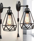 Plug In Wall Sconce Set With Wire Cage, Industrial Rustic Vintage Look, Adjustable Wall Light With On Off Switch, Perfect For Headboard Bedroom Or Porch, 2 Pack; featuring black metal cage and Edison bulb