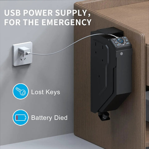 Three Way Access Biometric Gun Safe For Handgun With Fingerprint Recognition PIN Code And Key Backup connected to USB outlet