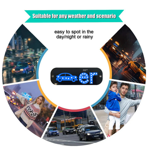 Blue LED Car Light Sign With USB Type-C Touch Control in various weather scenarios showing high visibility on car windows