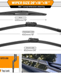 Diagram showing 3 pack windshield wiper blades for Subaru Outback 2020-2025, sizes 26in driver, 18in passenger, 16in rear, top-lock install