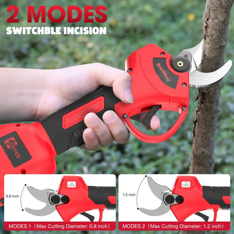 Workhorse Heavy Duty Pruning Shears Attachment For Milwaukee 12V Batteries With LCD Display And SK7 Blade 1.2 Inch Cutting Diameter Garden Tree Pruning Gear Compatible With Milwaukee Models 48 11 2411 48 11 2412 48 11 2425 48 11 2440 Battery Not Included in action, cutting tree branch.
