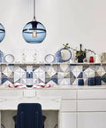 Hand Blown Glass Pendant Lights In Modern Blue With Brushed Nickel Globes, Ideal For Kitchen Island Or Dining Room Table, 7.4 Inch Diameter, Three Pack Set For Easy, High Impact Ambience.
