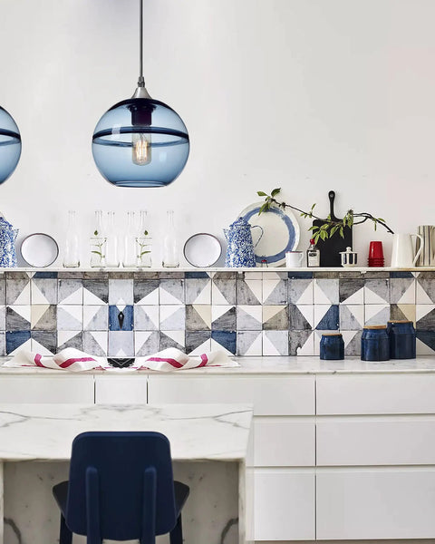 Hand Blown Glass Pendant Lights In Modern Blue With Brushed Nickel Globes, Ideal For Kitchen Island Or Dining Room Table, 7.4 Inch Diameter, Three Pack Set For Easy, High Impact Ambience.