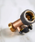 Heavy Duty Brass Dual Outlet Faucet Adapter Lets You Split One Faucet Into Two Hose Outlets With Separate Ball Valve Levers For Easy Flow Control Durable Brass Construction Handles High Water Pressure Brown Finish, close-up