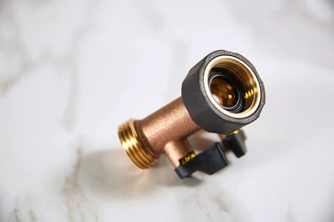 Heavy Duty Brass Dual Outlet Faucet Adapter Lets You Split One Faucet Into Two Hose Outlets With Separate Ball Valve Levers For Easy Flow Control Durable Brass Construction Handles High Water Pressure Brown Finish, close-up