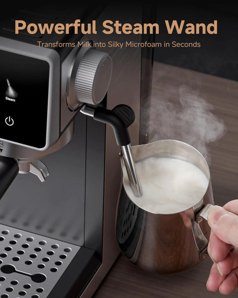 Espresso Machine With Built In Grinder For Home Use 20 Bar Pressure 1350W Fast Heating 3 Temperature Settings 3 To 10 Second Pre Infusion 20 Grind Settings Latte Cappuccino Maker For Home Barista Pro Black showing steam wand foaming milk