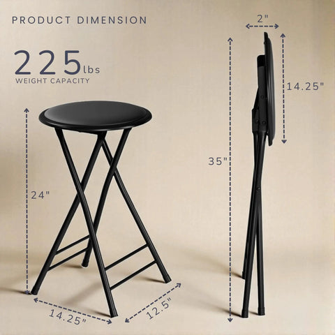 Backless Folding Stool, 24-Inch Tall, 225Lb Capacity, Handy Indoor Counter Bar Stool, Space Saving Black Design, Folded View