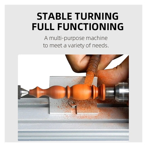 High Precision Mini Wood Lathe Machine For DIY Enthusiasts shaping a wooden bead with stainless steel body and stable design.