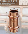 Zero Lead Copper Press Fittings One Half Inch Copper Coupling With Stop Five Eighths Inch Outer Diameter Twelve Pack PxP Press Fittings For Plumbing Use With Hydraulic Press Tool Durable Pure Copper Connectors, close-up on white background with dimensions labeled.