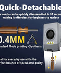 Quick-detachable 0.4mm nozzle for 3D printer, easy disassembly, shown with AD5X hotend. Ideal for speed and quality printing.