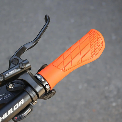 Ergonomic Lock On Mountain Bike Grips With Dual Density Silicone Cushion Shock Absorbing 3D Non Slip Pattern Aluminum Clamp, orange