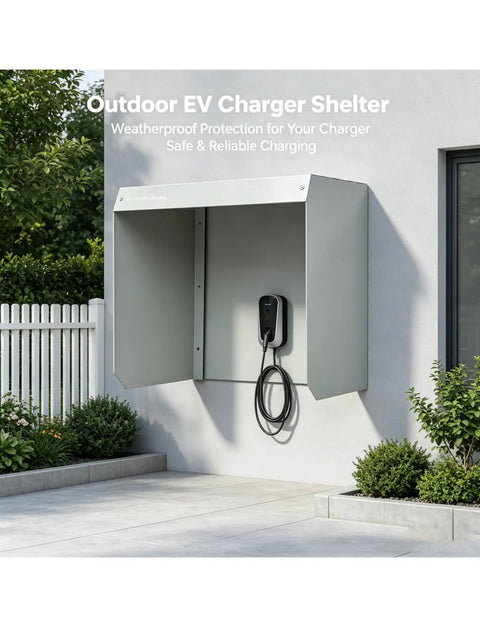Heavy Duty Outdoor Ev Charger Rain Cover Featuring Galvanized Steel Construction And Wall Mount Spacing For Nasty Weather And Hella Tough Type Two Housing, mounted, open view.