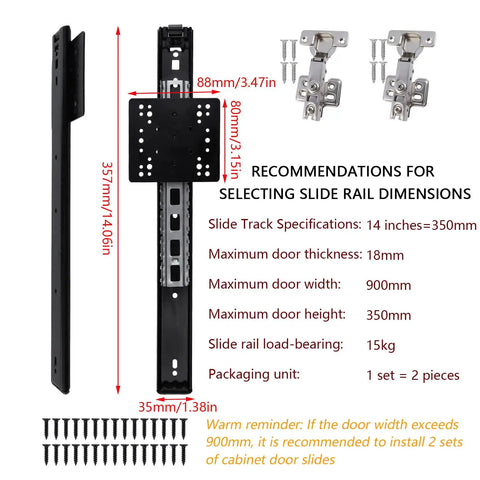 4 Pack Pocket Door Slide System Kit Black For Hidden Cabinets And Pantry Doors With 14 Inch Rails Includes Stainless Clip Hinges Bearings Magnetic Door Catches And Gloves No Fuss DIY Install And Smooth Glide dimensions and components