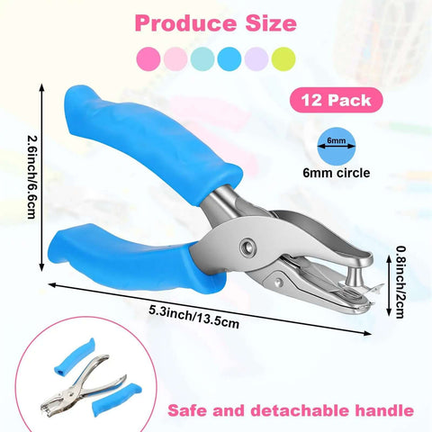 12 Pack Dope Cushioned Grip Single Hole Paper Punch Heavy Duty Hand Tool with blue handles and 6mm circle punch size