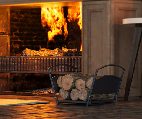 Foldable Fireplace Log Holder and Firewood Rack for Indoor Outdoor Use heavy-duty steel storing logs by a lit fireplace