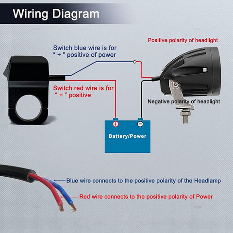 Wiring diagram for 12V Waterproof Handlebar Switch For Motorcycles And ATVs UTVs And Scooters, Universal 7/8 Inch Fit, with positive and negative wires.