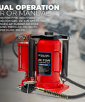 Stark USA 20-ton hydraulic bottle jack, red with black air hose and manual pump