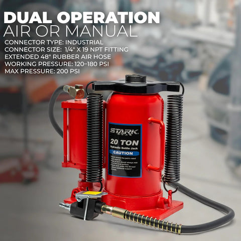 Stark USA 20-ton hydraulic bottle jack, red with black air hose and manual pump