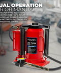 Beefy 20 Ton Hydraulic Air Bottle Jack Lift Portable Low Profile Auto Repair Tool with air operated mechanism in garage.