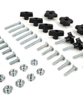 129 Piece Jig Fixture T Track Hardware Kit with knobs, T-nuts, brass plated bolts, and threaded inserts for one quarter twenty threads
