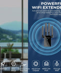 Image showing Best WiFi Extender And Signal Booster For Home with four antennas and compatibility icons on a background.