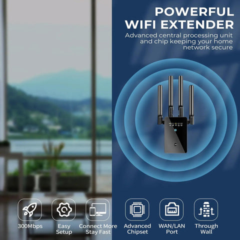 Image showing Best WiFi Extender And Signal Booster For Home with four antennas and compatibility icons on a background.