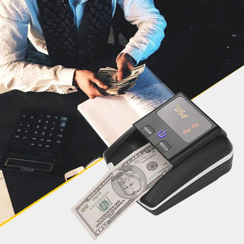 Mini UV Counterfeit Money Detector For USD Euro GBP With UV MG IR Detection, Automatic Verification, showing USD bill