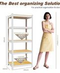 Five Tier White Metal Garage Shelving Unit With 1500 Lbs Total Capacity, 24W X 16D X 60H Storage Rack For Tools, Bins, And Heavy Duty Organization And More beside a woman for scale