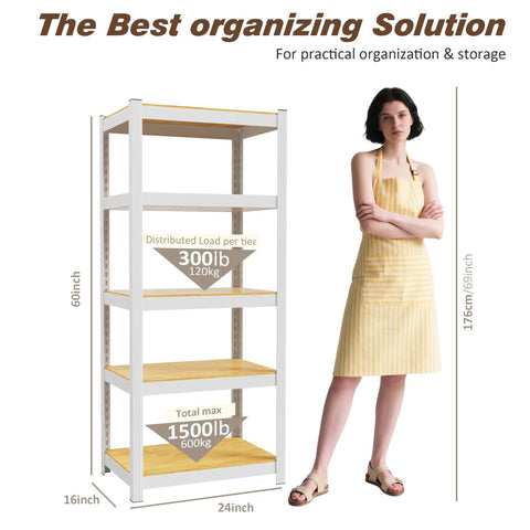 Five Tier White Metal Garage Shelving Unit With 1500 Lbs Total Capacity, 24W X 16D X 60H Storage Rack For Tools, Bins, And Heavy Duty Organization And More beside a woman for scale