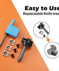 Heavy Duty CNC Router Spoilboard Flattening Bit With Replaceable Carbide Insert Blades Quarter Inch Shank and tools on orange background.