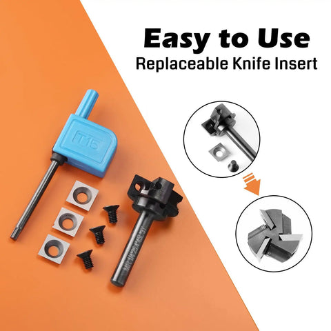 Heavy Duty CNC Router Spoilboard Flattening Bit With Replaceable Carbide Insert Blades Quarter Inch Shank and tools on orange background.