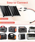 10AWG Solar Panel Cable Connector Kit Beefy Copper Wire 1.6 Ft Extension Compatible With Solar Connector Anderson Connector For RV And Portable Solar Generators Like Yeti And Renogy shown with solar panels and portable generators.